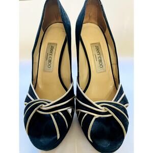 Jimmy Choo London Black Suede Peep Toe Pumps Heels Trim Sz 37.5 US 7–7.5